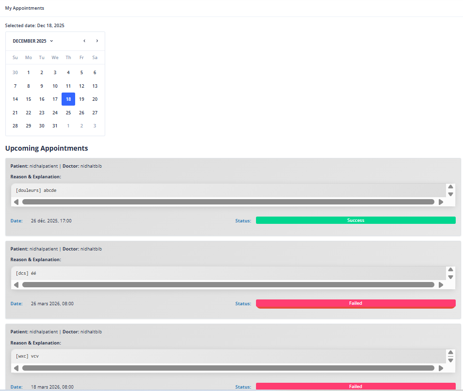 Medico healthcare platform appointment management interface